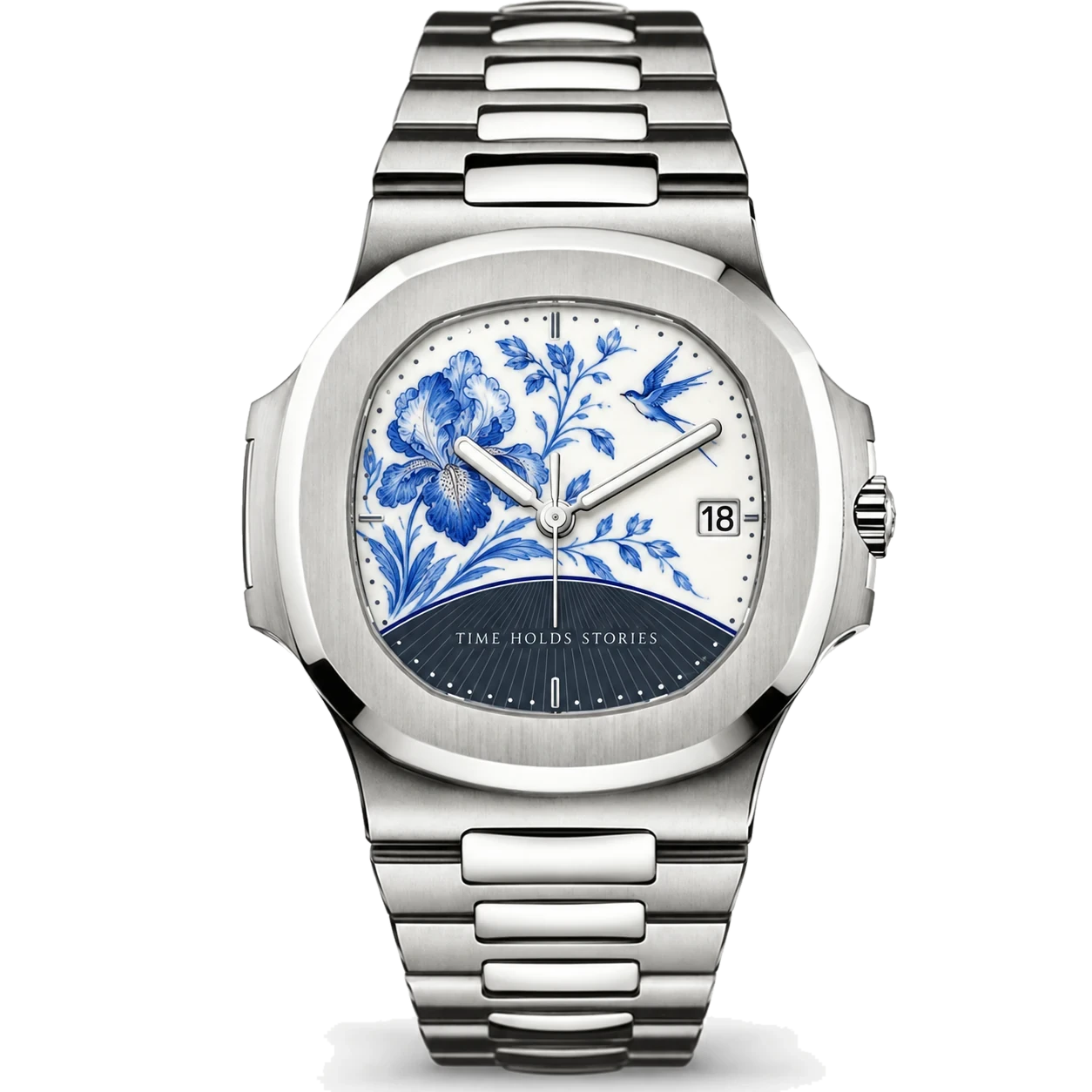 Stainless-steel Nautilus-style wristwatch with bespoke cobalt porcelain botanical dial, inscribed Time Holds Stories