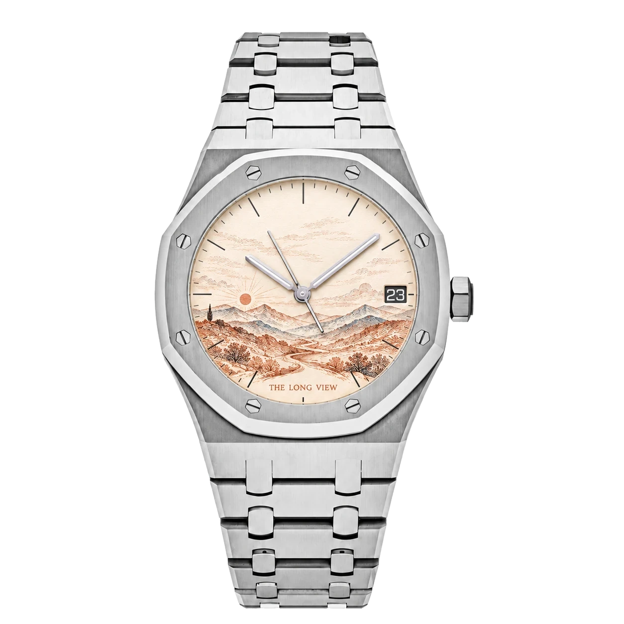 Stainless-steel Royal Oak-style wristwatch with a terracotta-colored engraved mountain panorama and The Long View inscription